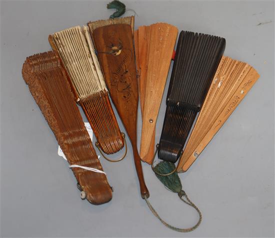 A 19th century Chinese carved sandalwood fan and other wooden and fabric fans Chinese fan 20.5cm (6)